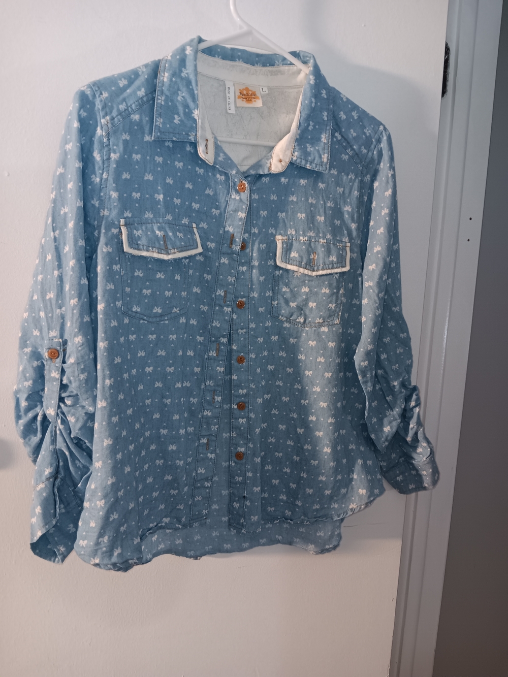 Light Blue Printed Button-Down Chambray Shirt with Chest Pockets